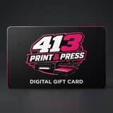 413 Print & Press gift card in hot pink, black, and white