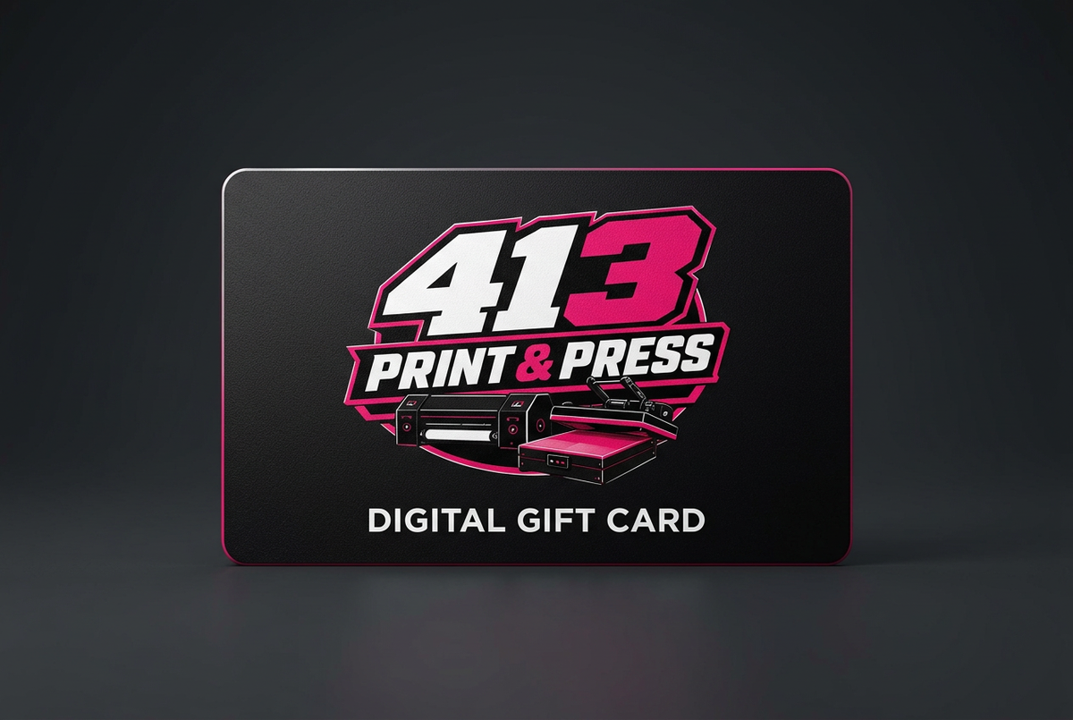 413 Print & Press gift card in hot pink, black, and white