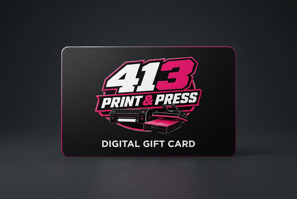 413 Print & Press gift card in hot pink, black, and white