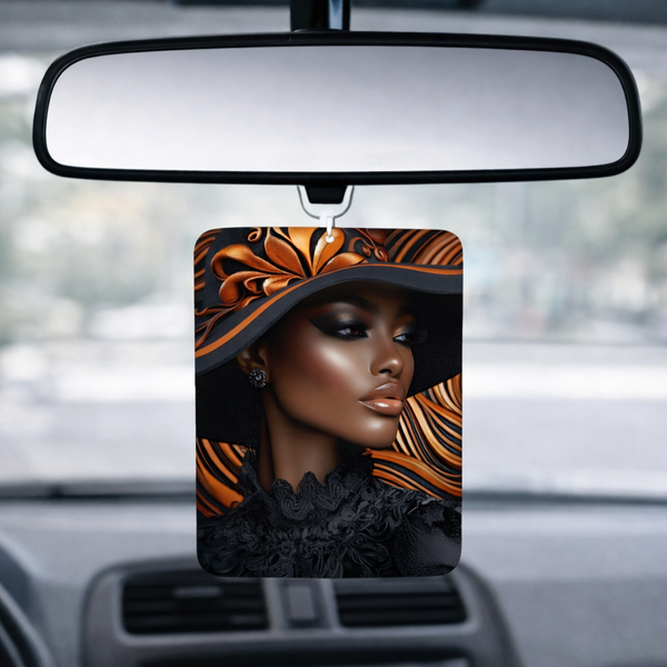 Personalized photo car air freshener displayed inside a vehicle