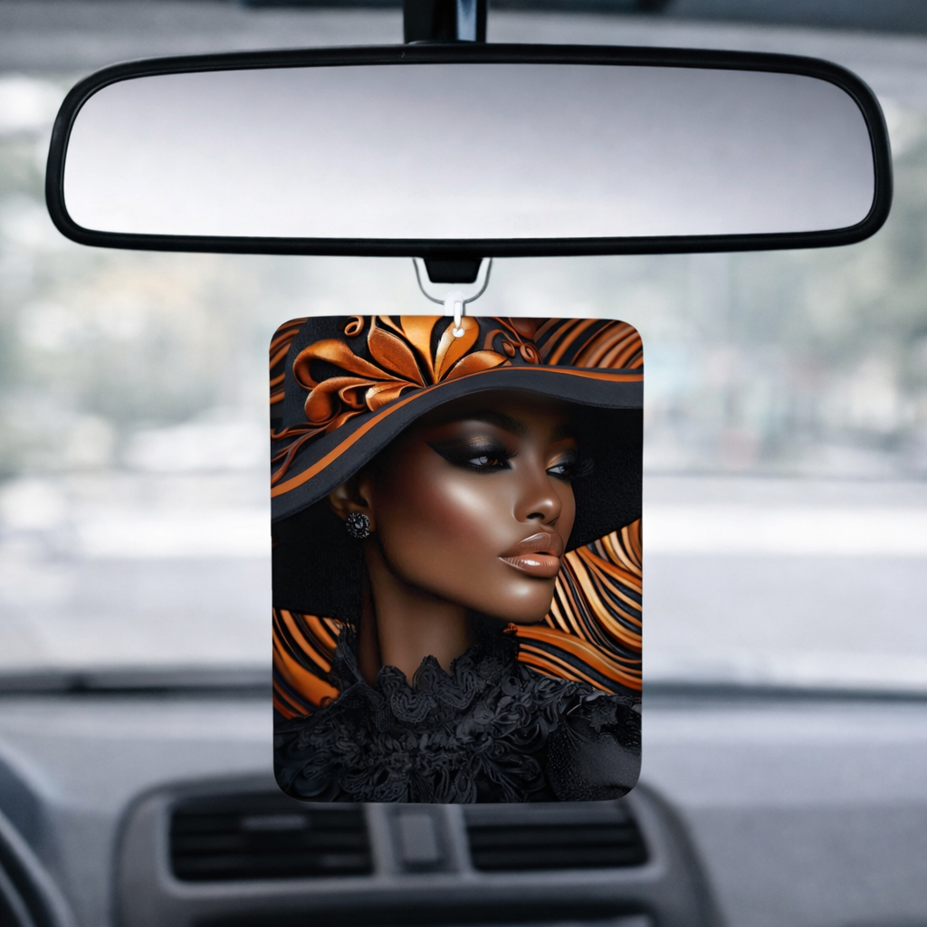 Personalized photo car air freshener displayed inside a vehicle