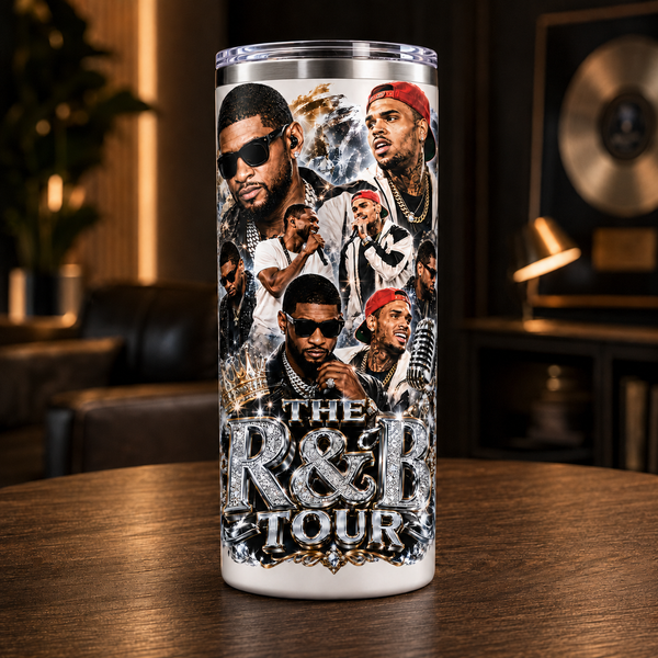 Custom 20 oz skinny tumbler featuring a full-color music collage design displayed on a wooden table
