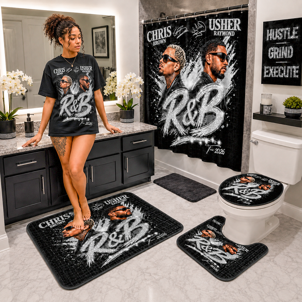 Custom three-piece bathroom mat set with coordinated music-themed artwork displayed in a modern bathroom
