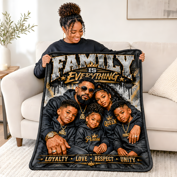 Personalized blanket featuring family photographs and custom wording