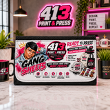 Custom faux leather bifold wallet featuring a personalized pink and black business collage design displayed on a table
