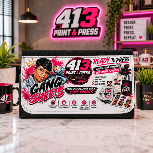 Custom faux leather bifold wallet featuring a personalized pink and black business collage design displayed on a table
