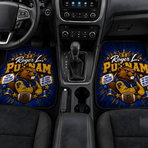 Custom four-piece personalized car mat set with full-color coordinated front and rear designs
