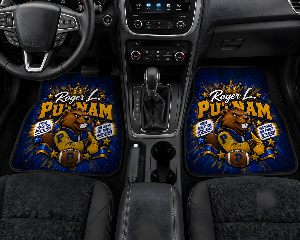 Custom four-piece personalized car mat set with full-color coordinated front and rear designs
