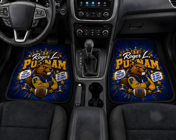 Custom four-piece personalized car mat set with full-color coordinated front and rear designs
