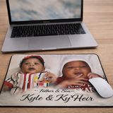 Personalized school-themed mouse pad featuring a colorful mascot design displayed on an office desk
