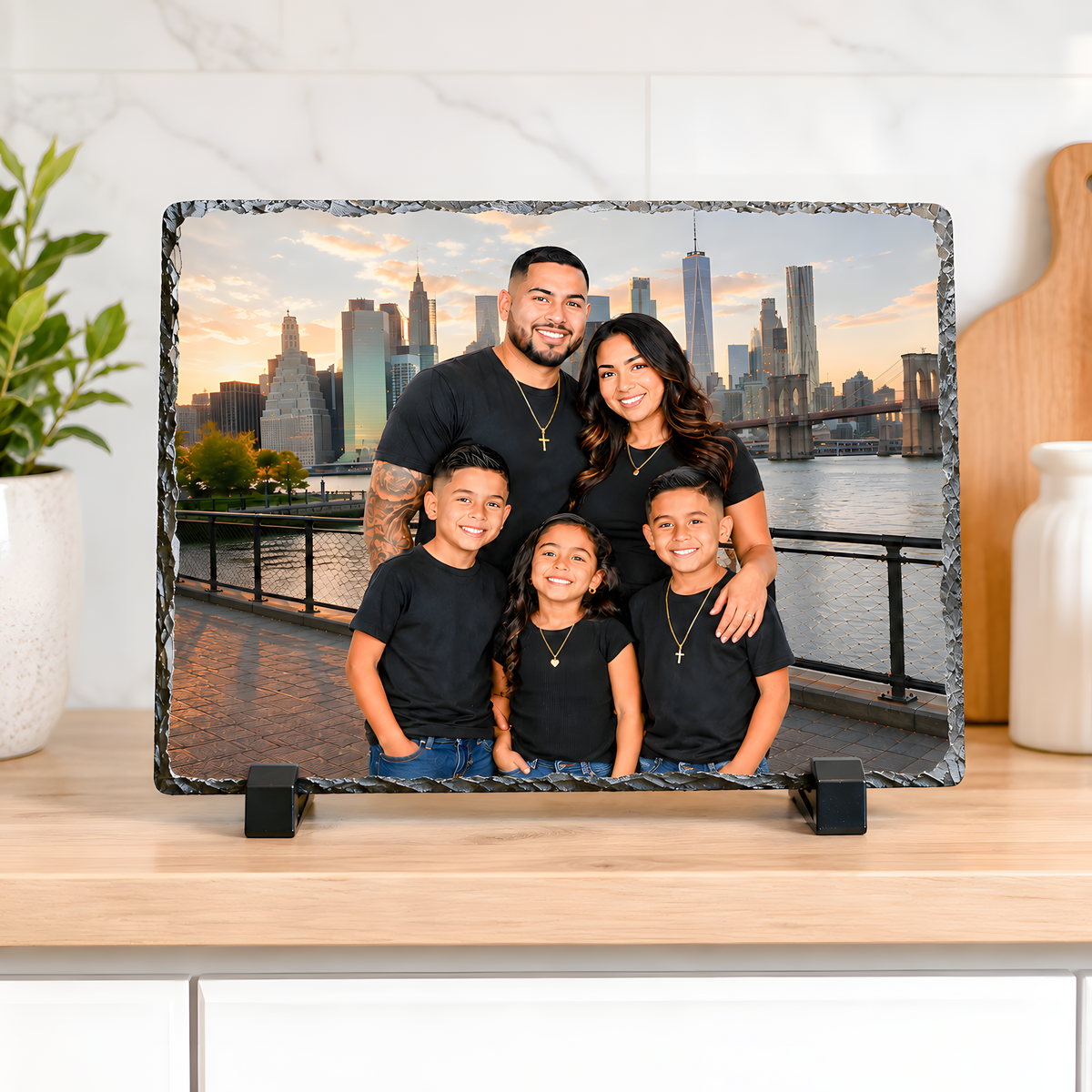 Custom rectangular photo slate plaque featuring a personalized family portrait and tabletop display stands
