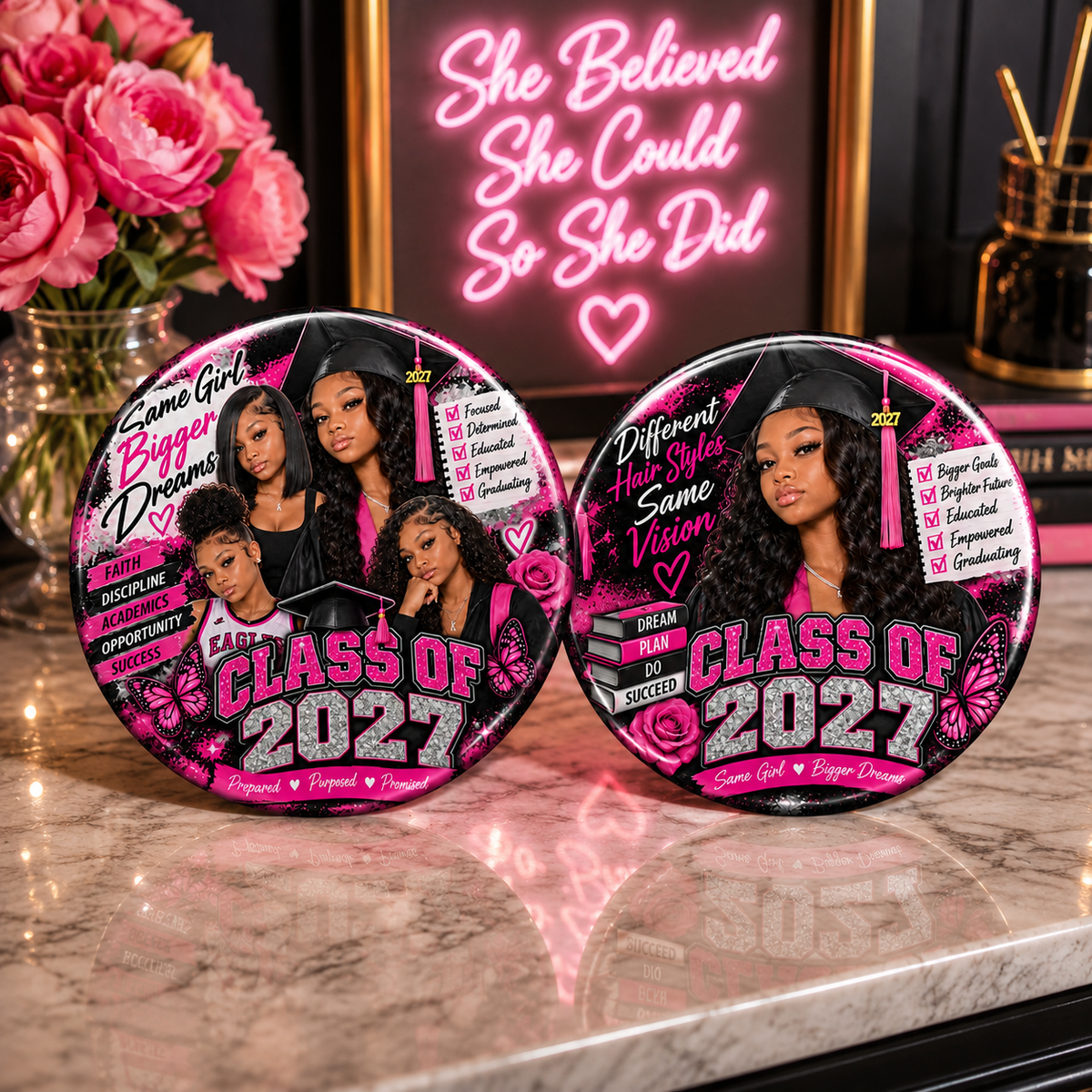 Custom Class of 2027 photo buttons displayed on a table
