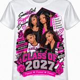 Close-up of a personalized graduation photo design printed on a white shirt