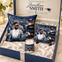 Personalized memorial gift set featuring a custom photo pillow, memorial photo slate, and candle displayed in a keepsake box.