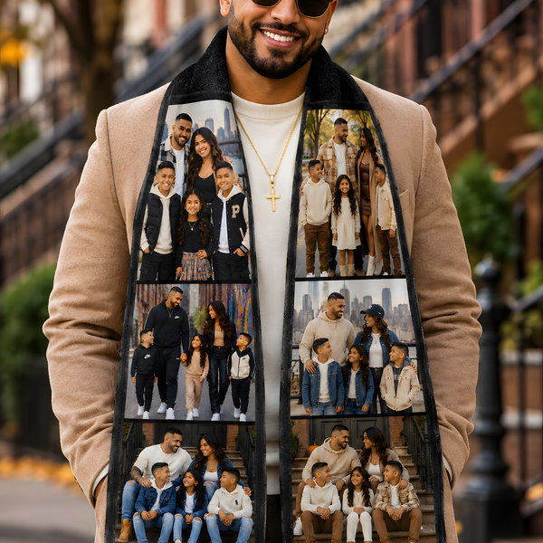 Man wearing a personalized photo collage scarf featuring custom family pictures and black fringe
