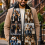 Man wearing a personalized photo collage scarf featuring custom family pictures and black fringe
