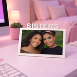 Personalized Sisters photo frame featuring a custom photograph displayed on a pink desk
