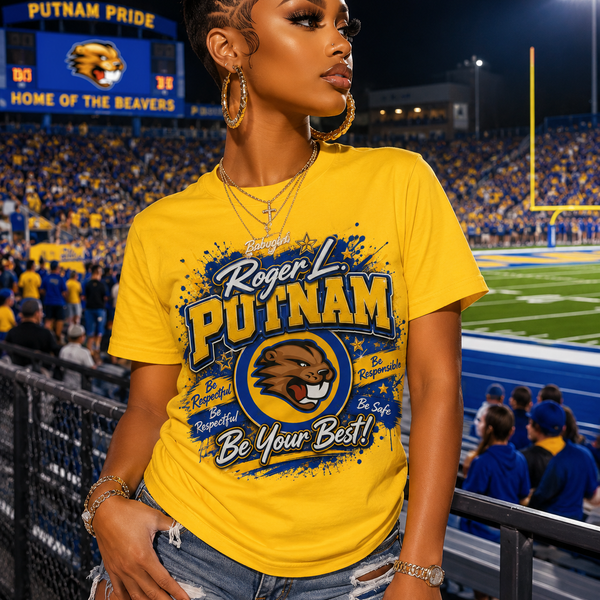 Example custom school spirit T-shirt mockup featuring personalized school colors mascot and school name