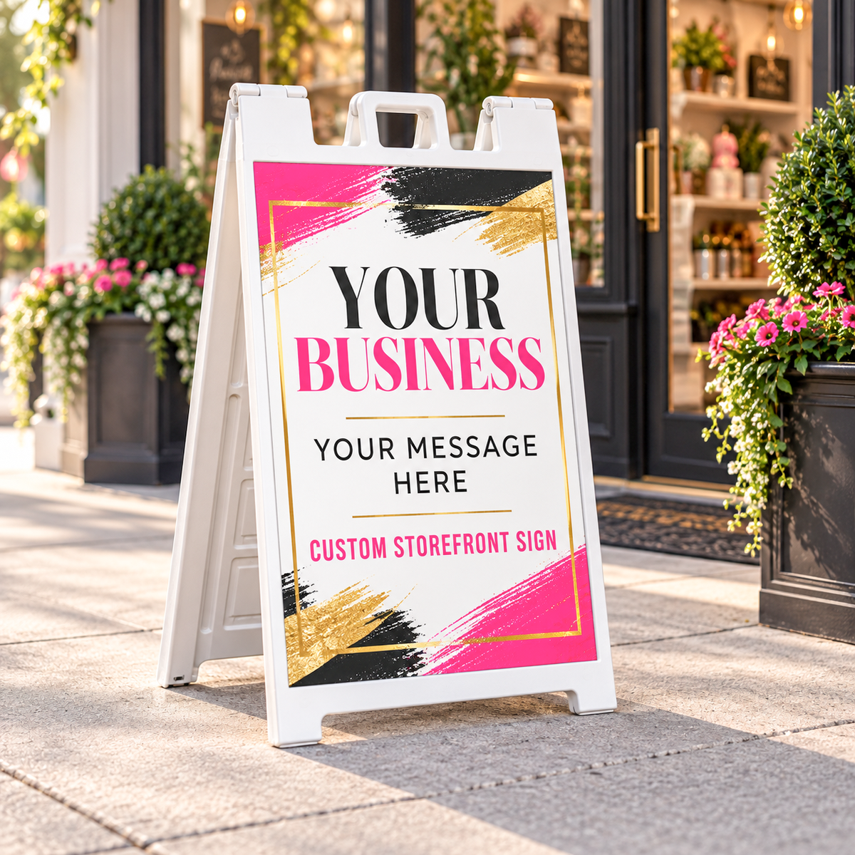Custom 24x36 double-sided storefront A-frame business sign displayed outside a retail store