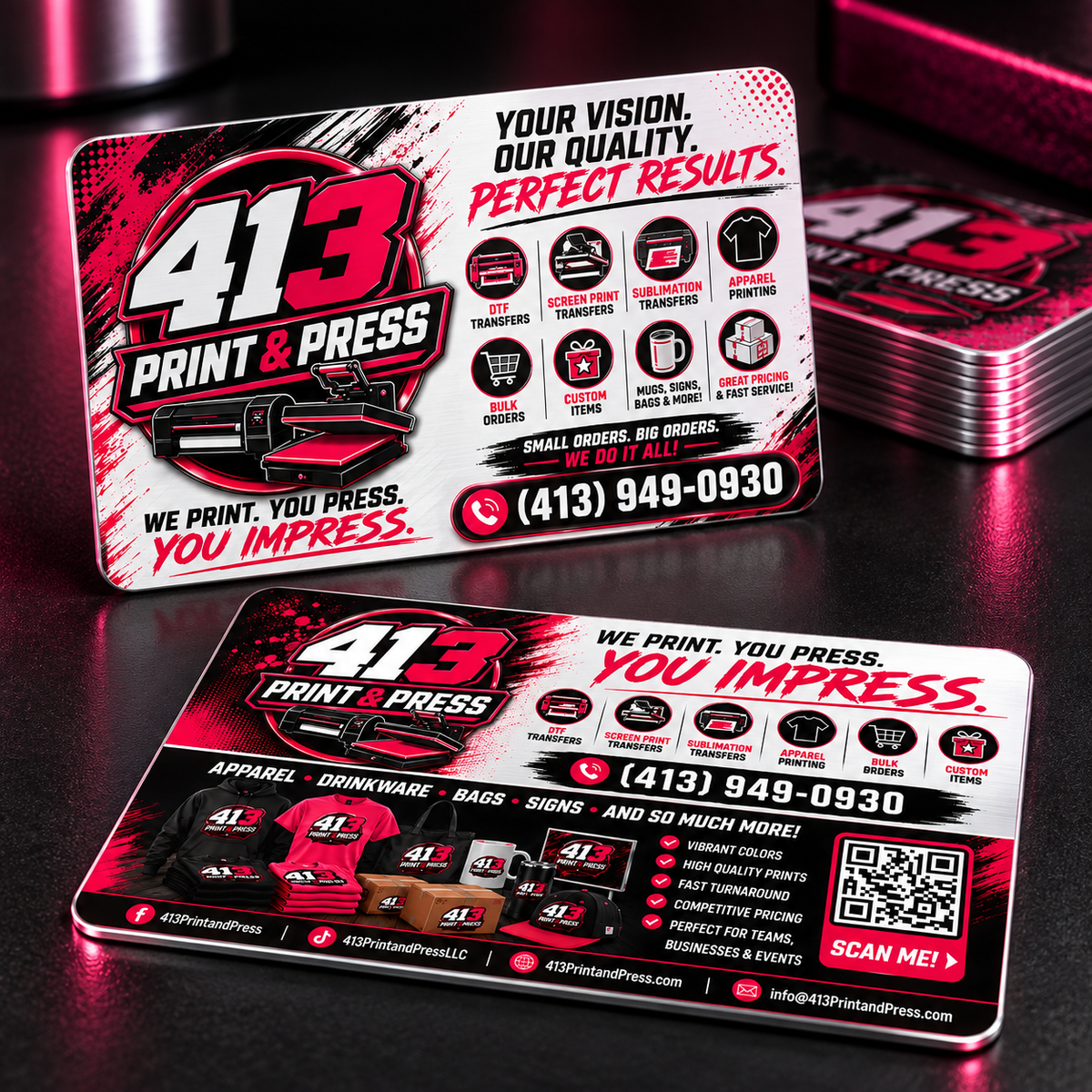 Custom full-color double-sided metal business cards with a sleek premium credit-card feel