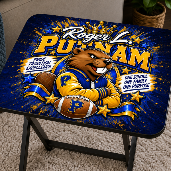 Custom personalized folding tray table featuring full-color photo designs