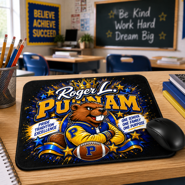 Personalized school-themed mouse pad featuring a colorful mascot design displayed on an office desk
