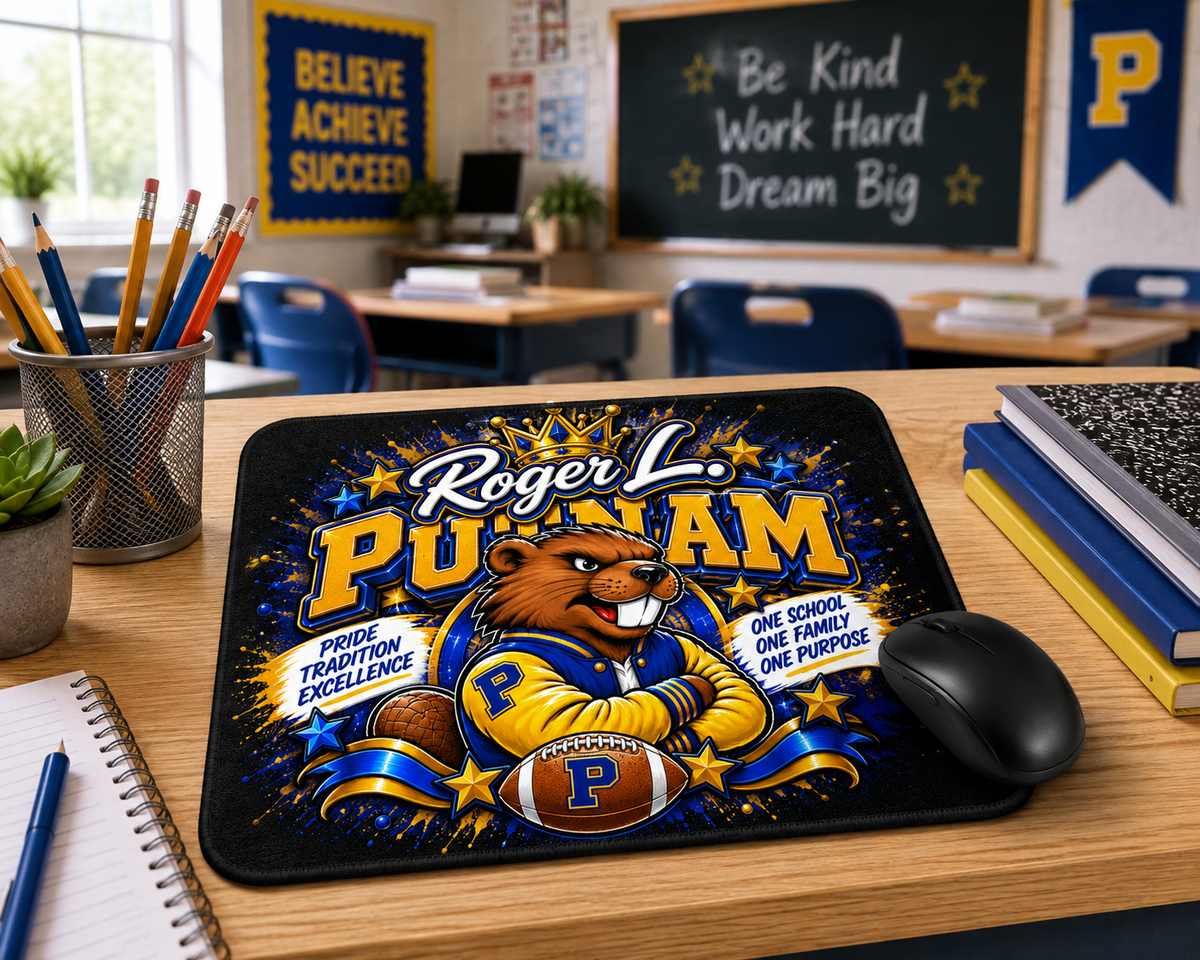Personalized school-themed mouse pad featuring a colorful mascot design displayed on an office desk
