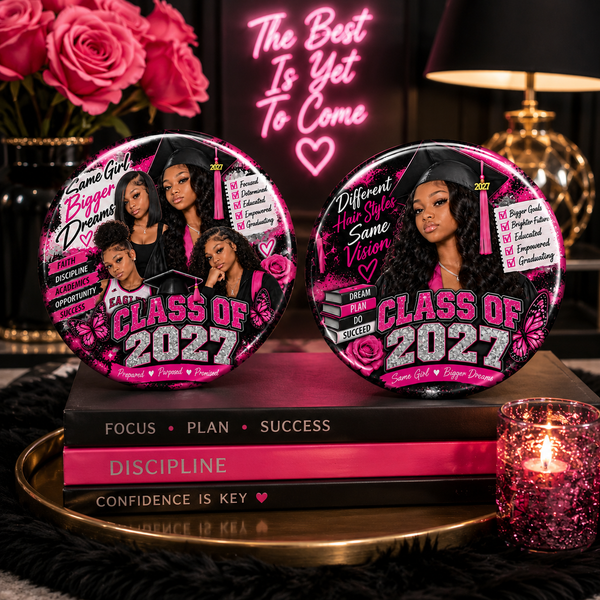 Mother wearing a personalized graduation photo button